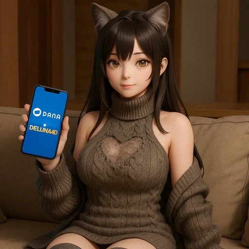 Gambar 3D HD karakter digital perempuan muda dengan tampilan futuristik, sedang memainkan slot online melalui smartphone, menggambarkan kemudahan daftar slot gacor pakai DANA di DELUNA4D.