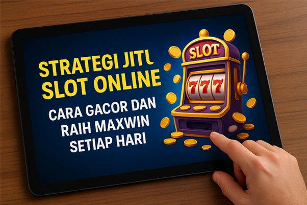 3D ilustrasi mesin slot emas dengan simbol 777, koin, dan teks “Strategi Jitu Slot Online – Cara Gacor dan Raih Maxwin Setiap Hari” di latar cokelat elegan.